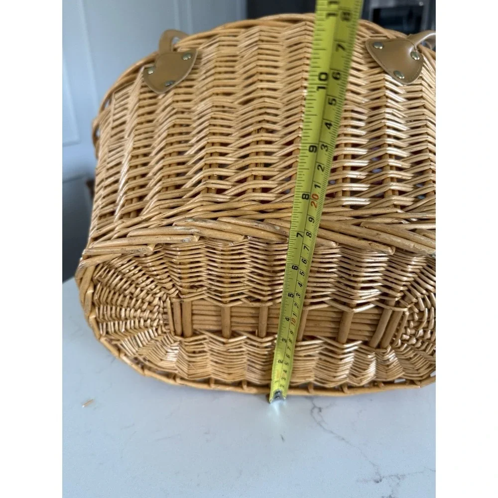 Vintage Woven Cane Oval Basket Apple Vinyl Liner Faux Leather Handles 90's EUC